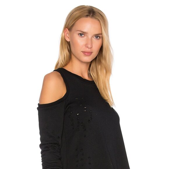 Revolve/ Central Park West Cold Shoulder Distressed Sweatshirt in Black Sz Small - Picture 4 of 5